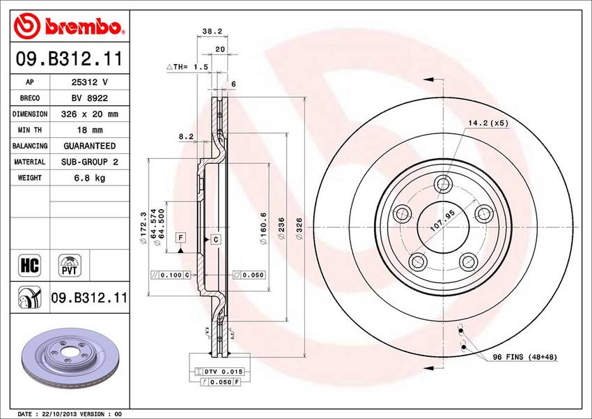 Jaguar Brembo Disc Brake Rotor - Rear (326mm) C2D26352